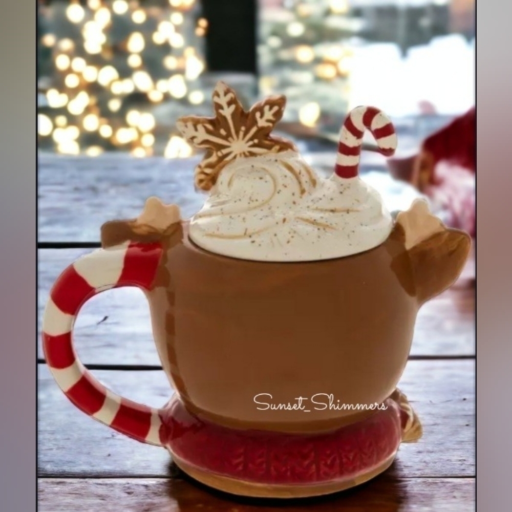 Retro Reindeer Coffee MUG Whipped Cream Gingerbread Cookie Top Tier Tray Decor - Picture 4 of 5